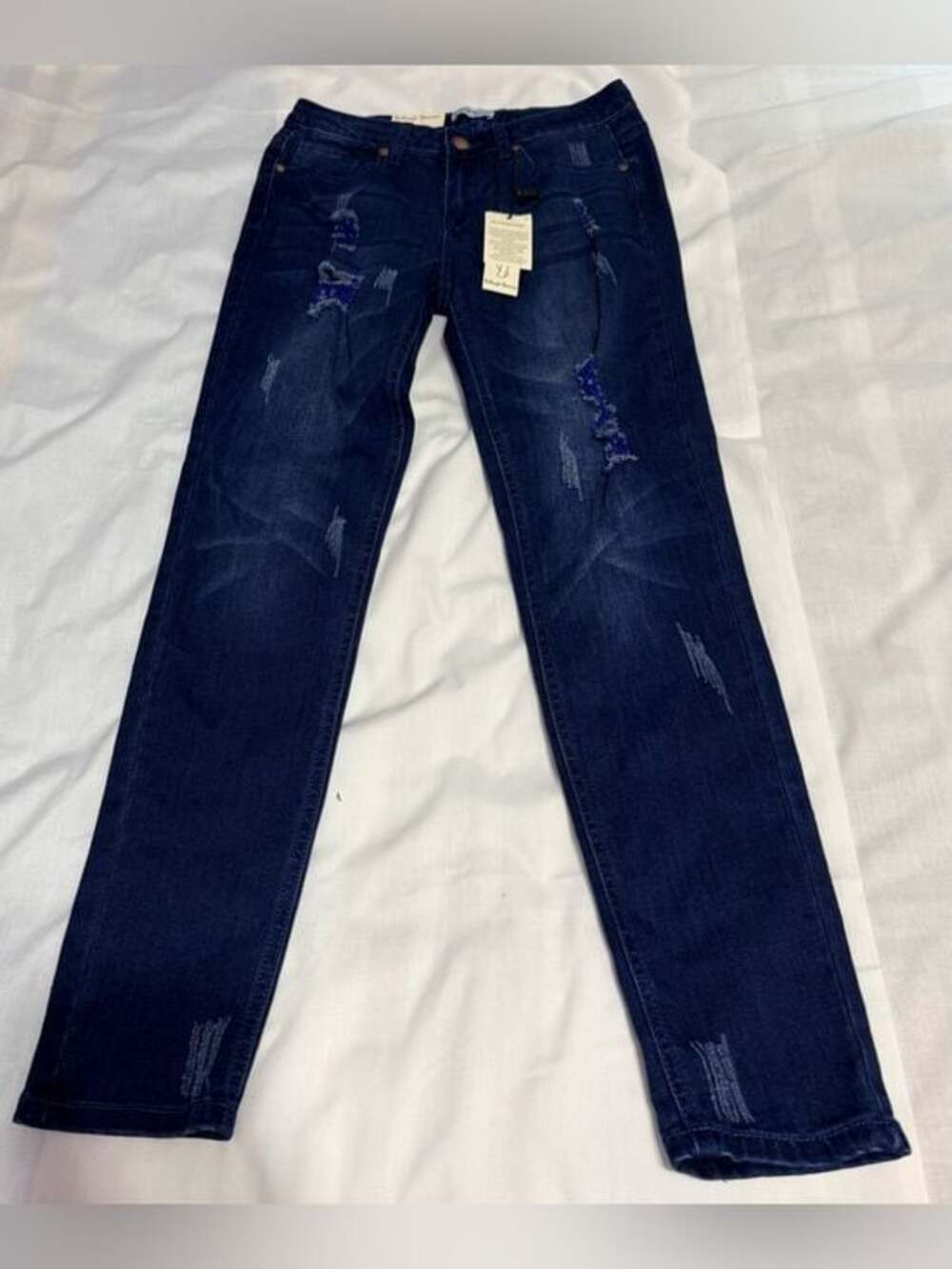 J jill women’s Sz6 Dark Blue Distressed Jeans Boyfriend straight leg w/stretch